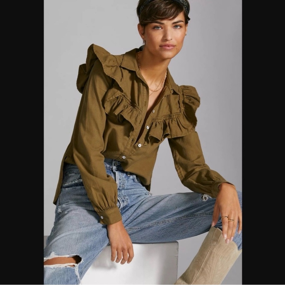 Anthro brand ruffled cotton khaki blouse